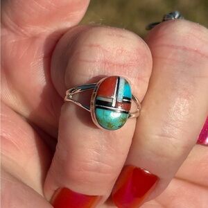 Zuni Navajo Made Sterling Silver Multi-Stone Inlay Ring